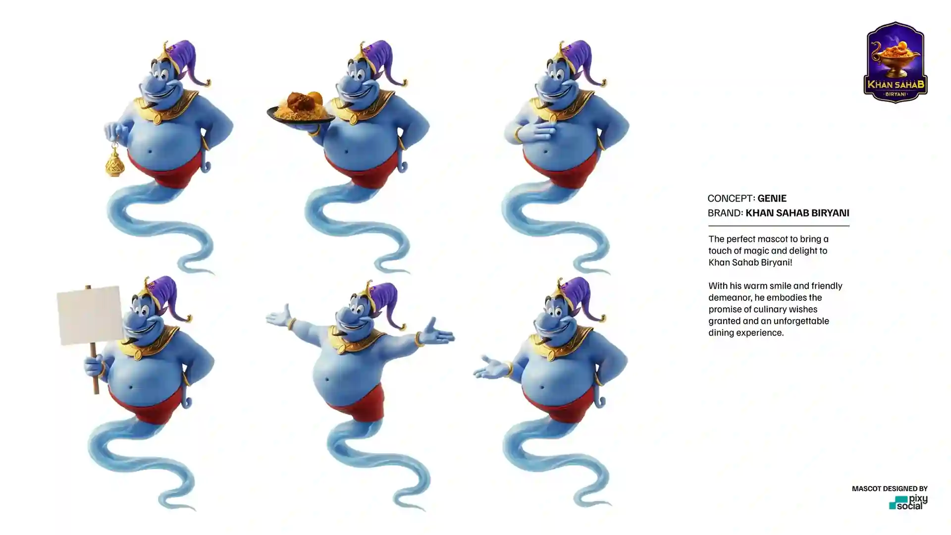 Khan Sahab Biryani Genie Mascot — full presentation sheet by Pixy Social